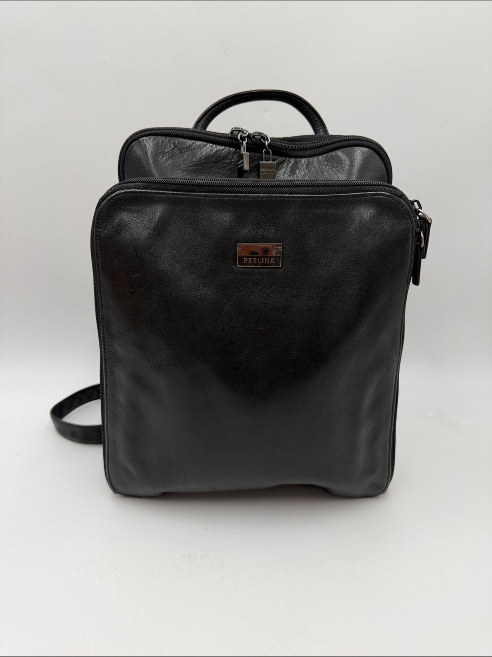 Perlina Black Leather Women’s Backpack with Top Handle